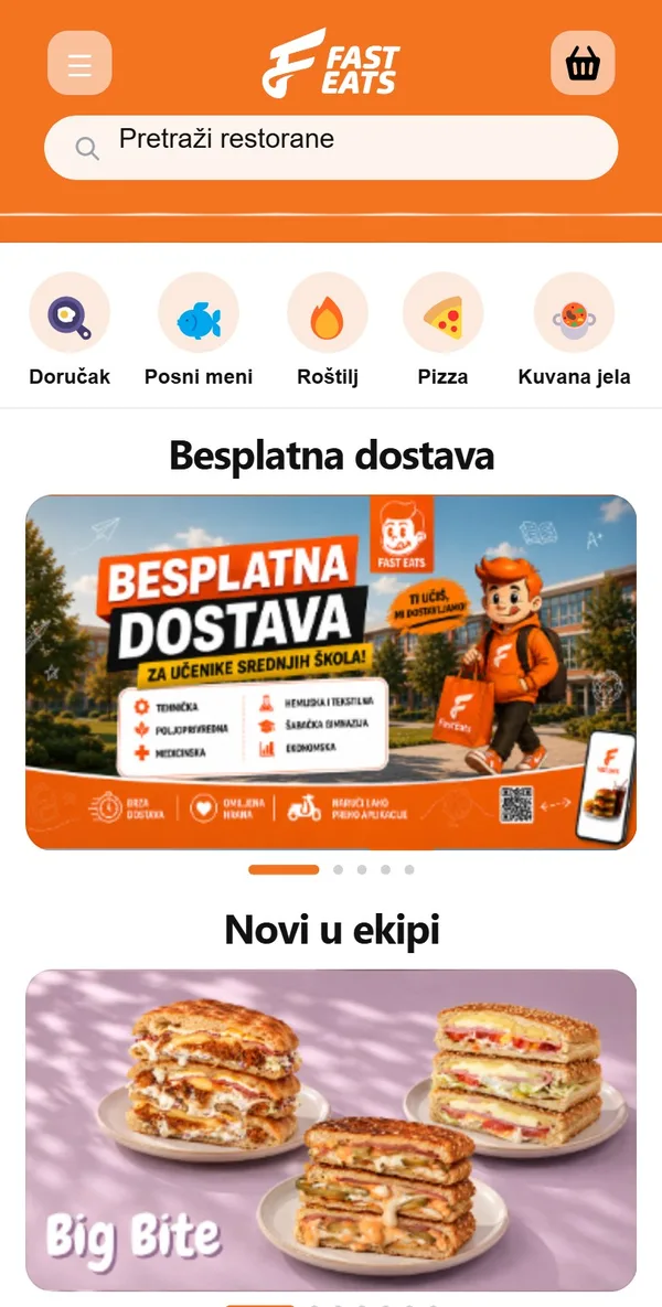 FastEats aplikacija – početni ekran sa restoranima i akcijama